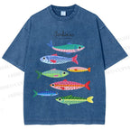 Unisex Colorful Cartoon Sardines Printed Washed Tee