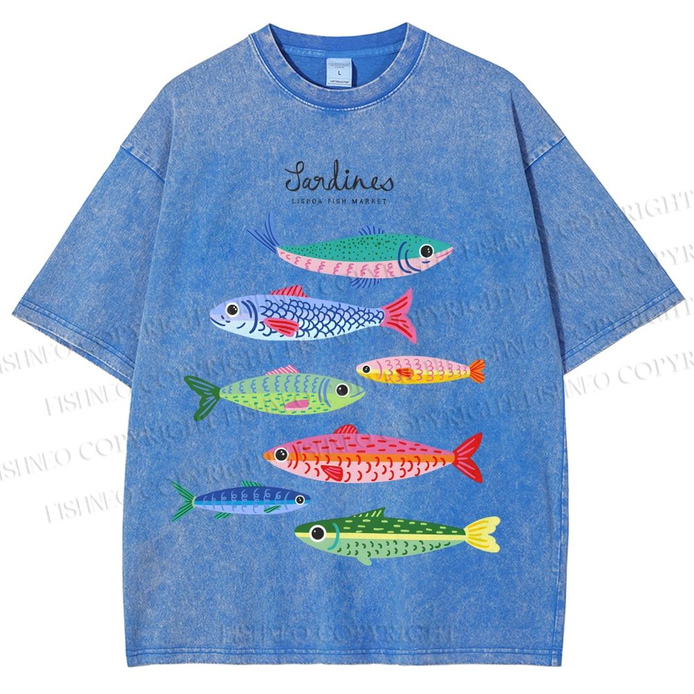 Unisex Colorful Cartoon Sardines Printed Washed Tee