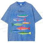Unisex Colorful Cartoon Sardines Printed Washed Tee