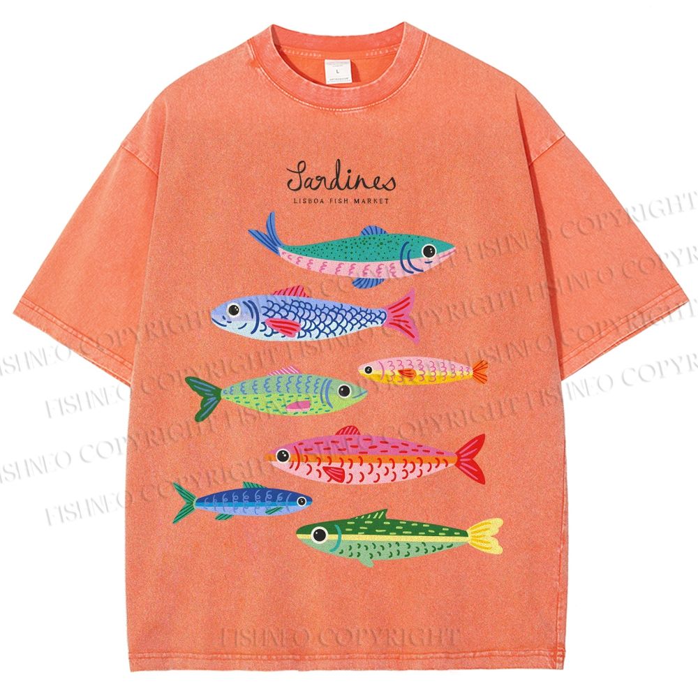 Unisex Colorful Cartoon Sardines Printed Washed Tee