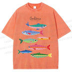 Unisex Colorful Cartoon Sardines Printed Washed Tee