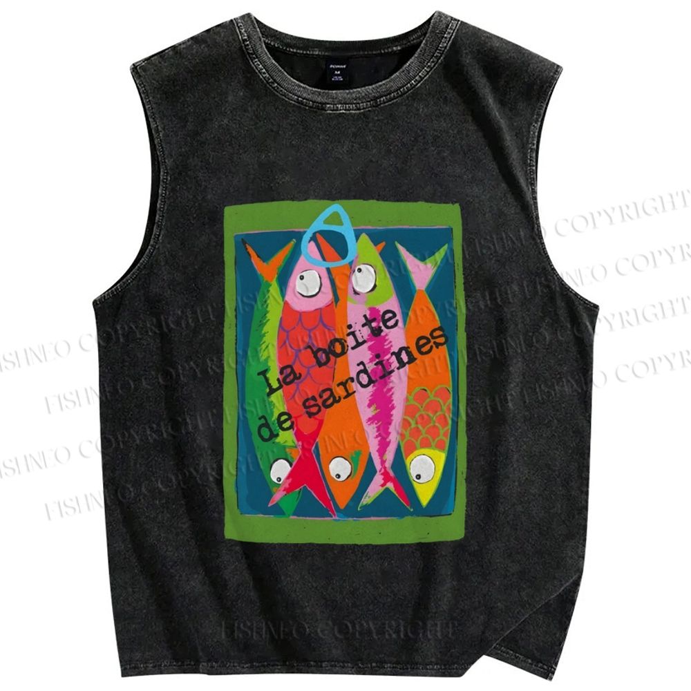 Unisex Colorful Cartoon Sardines Printed Washed Tank Top