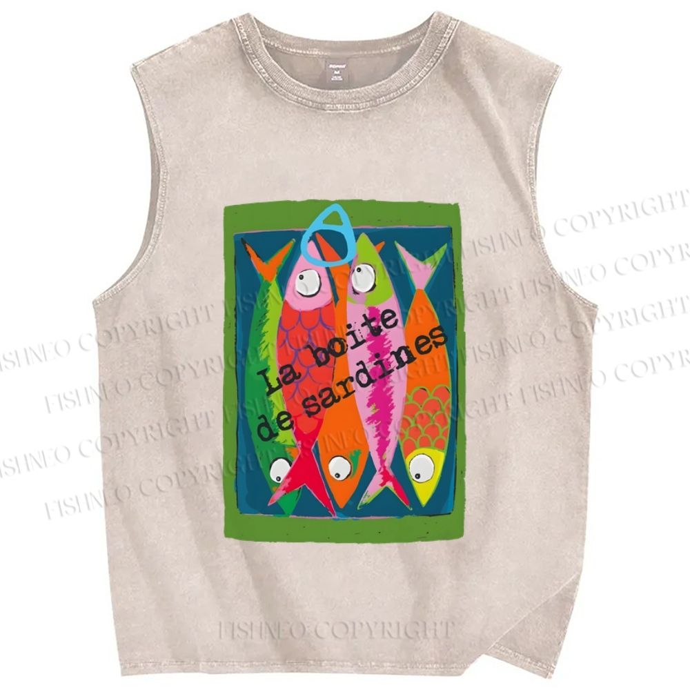 Unisex Colorful Cartoon Sardines Printed Washed Tank Top