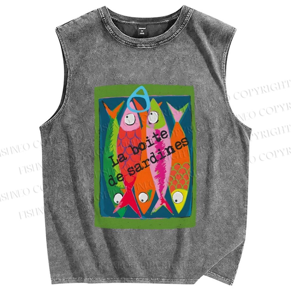 Unisex Colorful Cartoon Sardines Printed Washed Tank Top