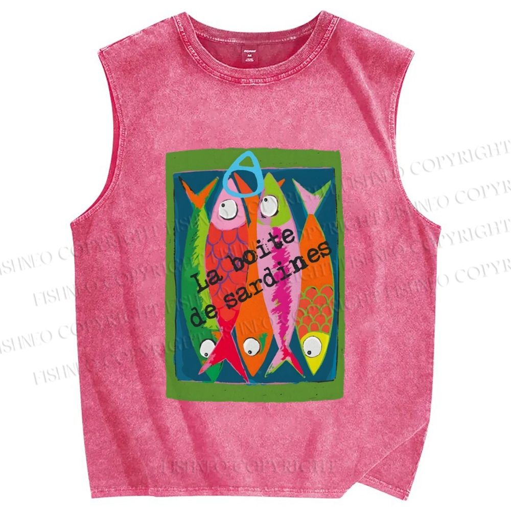Unisex Colorful Cartoon Sardines Printed Washed Tank Top