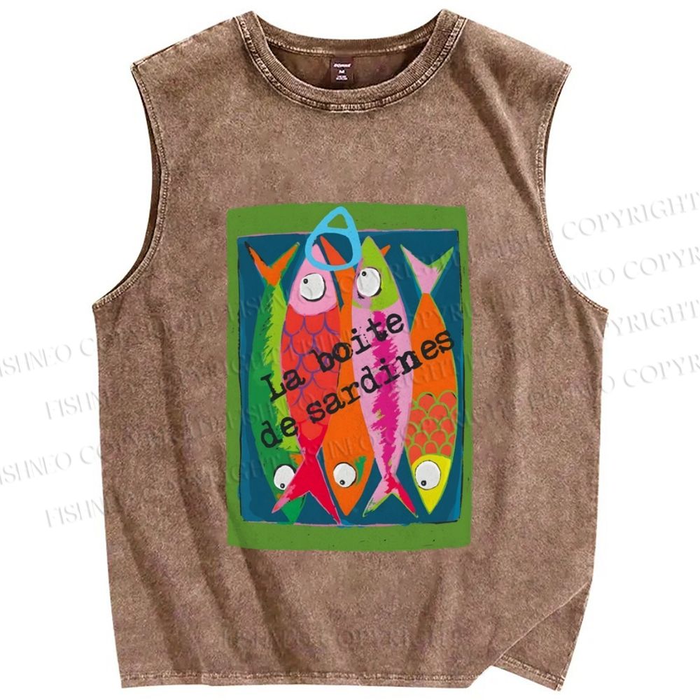 Unisex Colorful Cartoon Sardines Printed Washed Tank Top