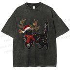 Unisex Black Cat Christmas String lights Printed Washed Tee