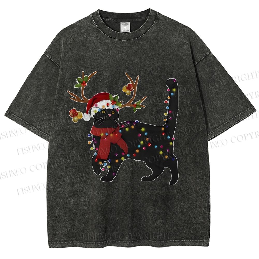 Unisex Black Cat Christmas String lights Printed Washed Tee