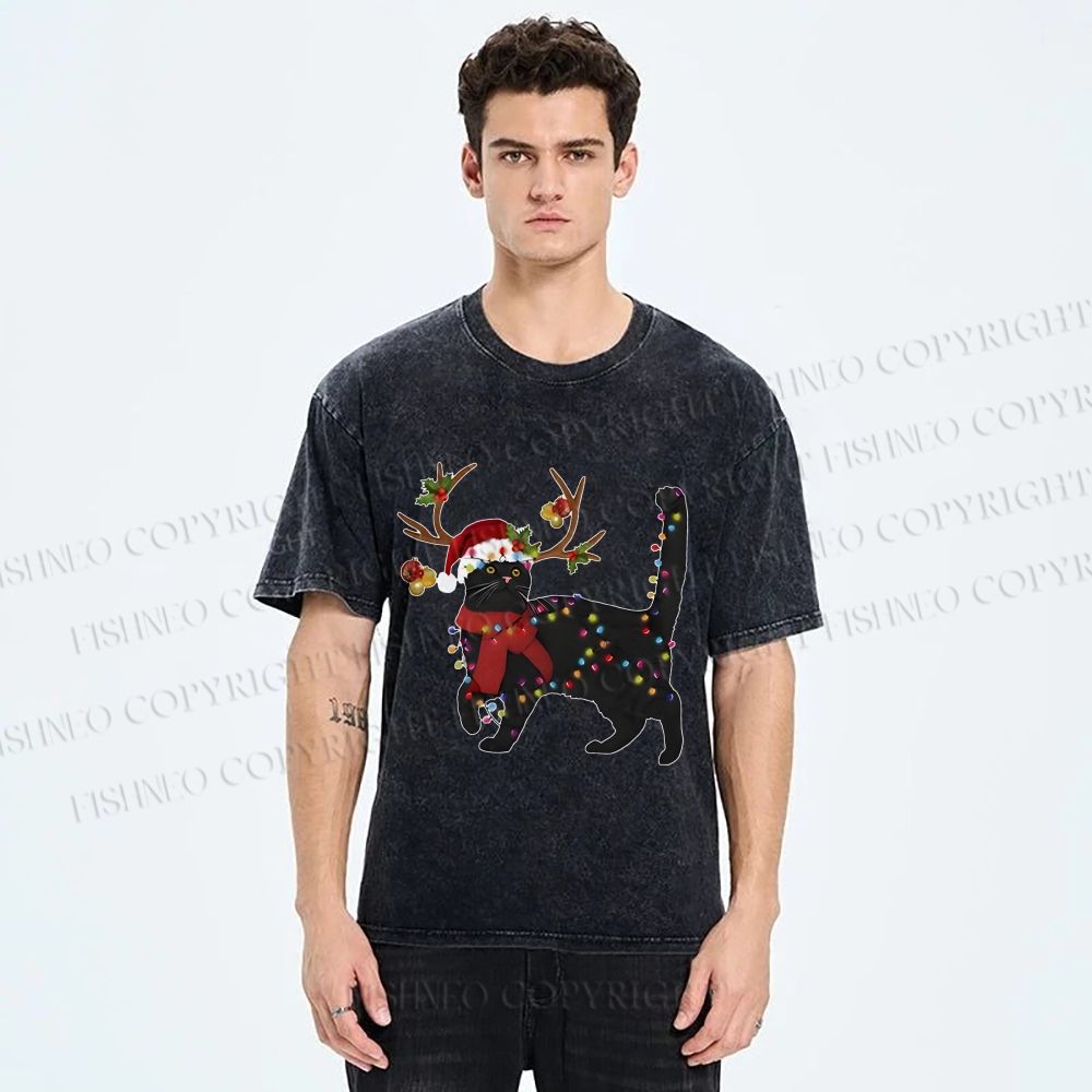 Unisex Black Cat Christmas String lights Printed Washed Tee