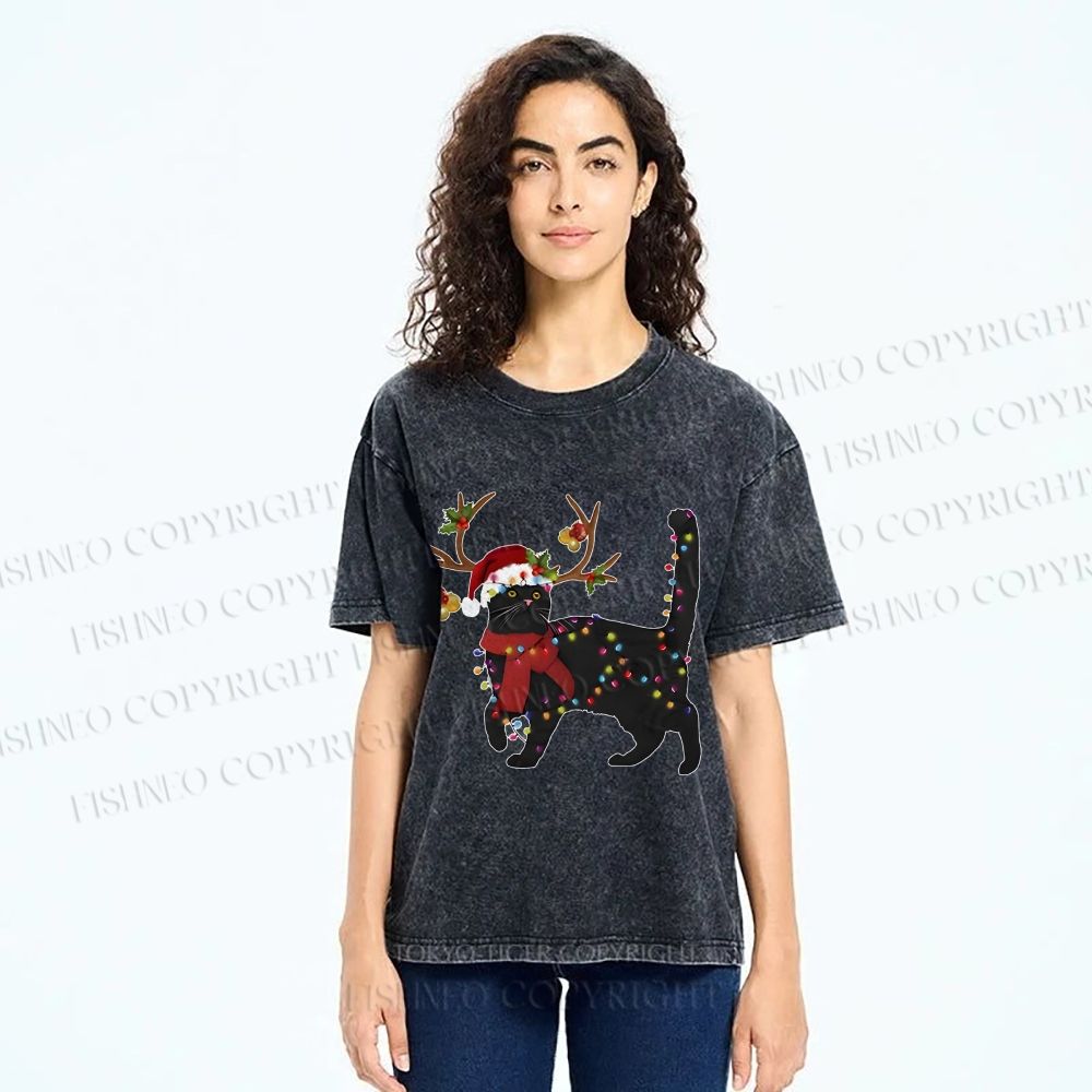 Unisex Black Cat Christmas String lights Printed Washed Tee