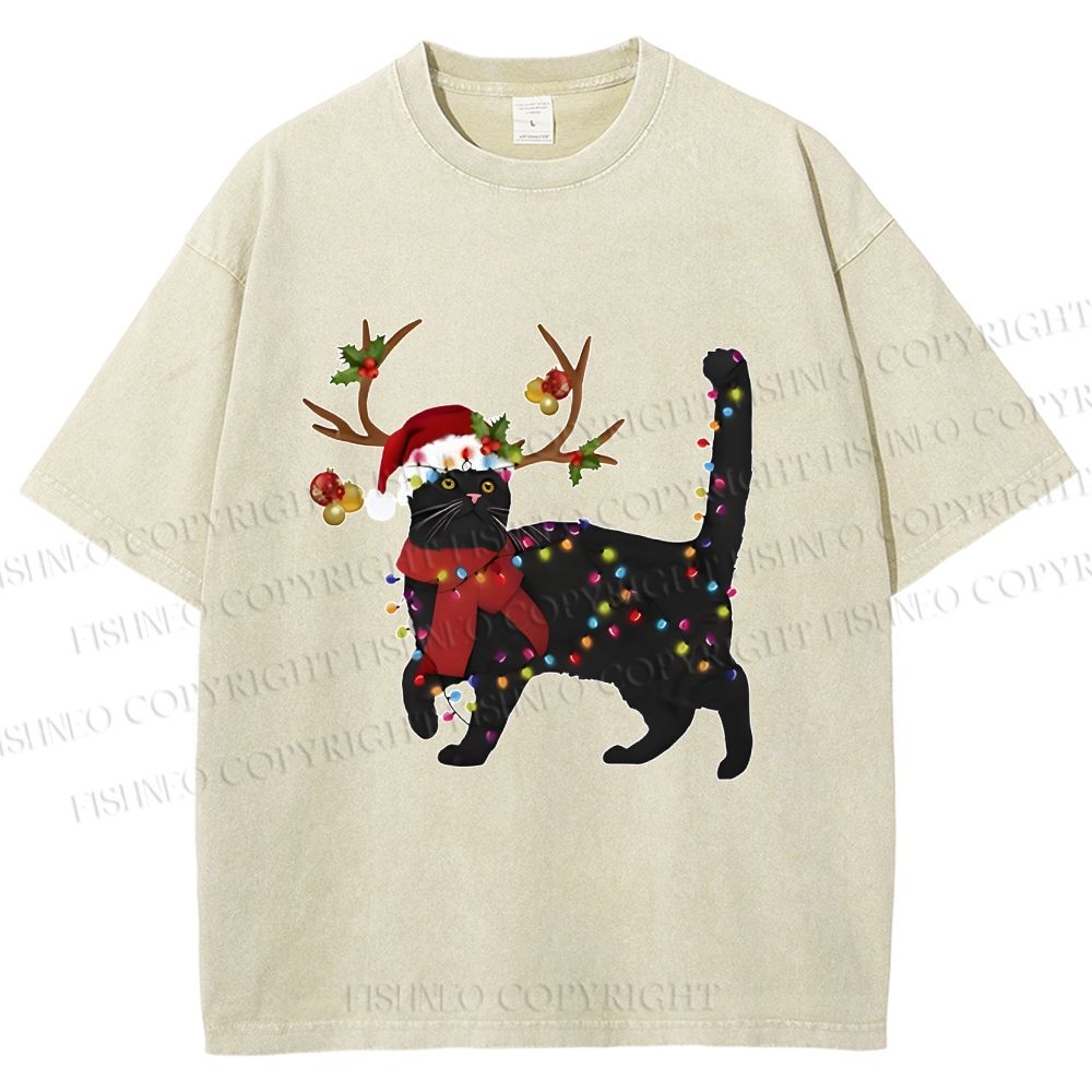 Unisex Black Cat Christmas String lights Printed Washed Tee