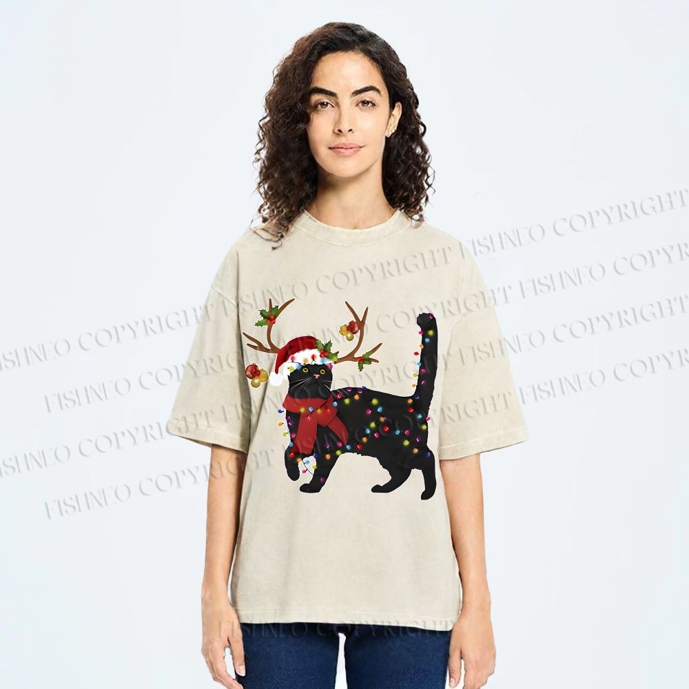 Unisex Black Cat Christmas String lights Printed Washed Tee