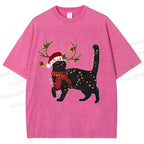 Unisex Black Cat Christmas String lights Printed Washed Tee