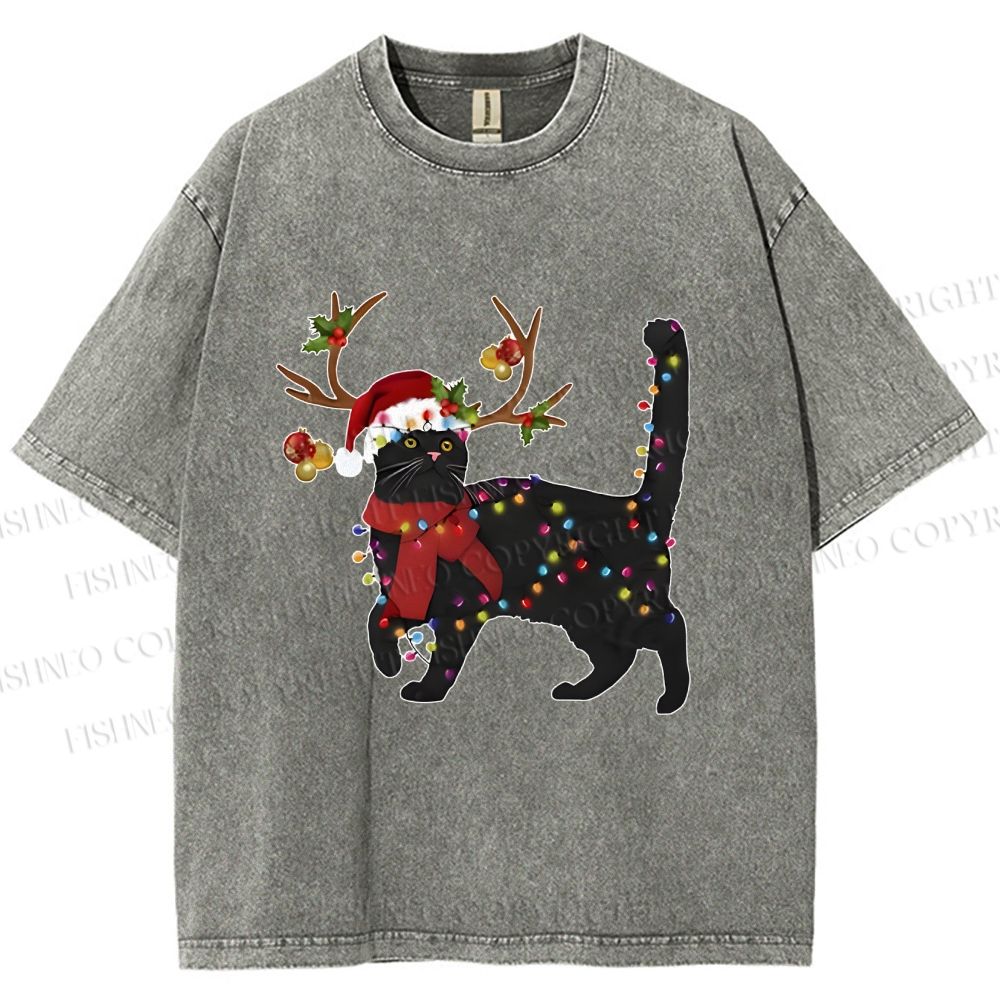 Unisex Black Cat Christmas String lights Printed Washed Tee