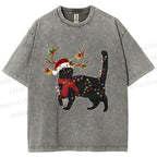 Unisex Black Cat Christmas String lights Printed Washed Tee