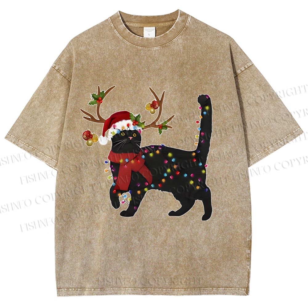 Unisex Black Cat Christmas String lights Printed Washed Tee
