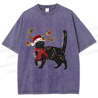 Unisex Black Cat Christmas String lights Printed Washed Tee