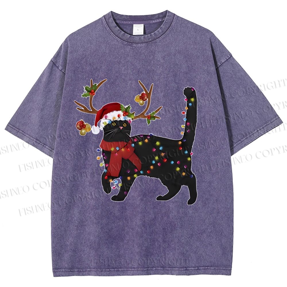 Unisex Black Cat Christmas String lights Printed Washed Tee
