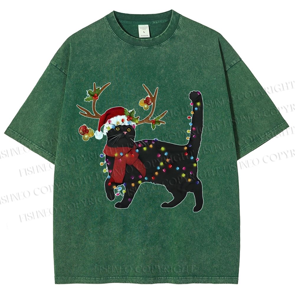 Unisex Black Cat Christmas String lights Printed Washed Tee