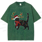 Unisex Black Cat Christmas String lights Printed Washed Tee