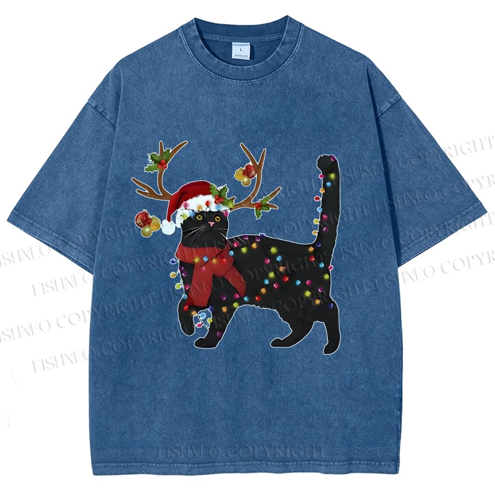 Unisex Black Cat Christmas String lights Printed Washed Tee