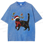 Unisex Black Cat Christmas String lights Printed Washed Tee