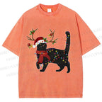 Unisex Black Cat Christmas String lights Printed Washed Tee