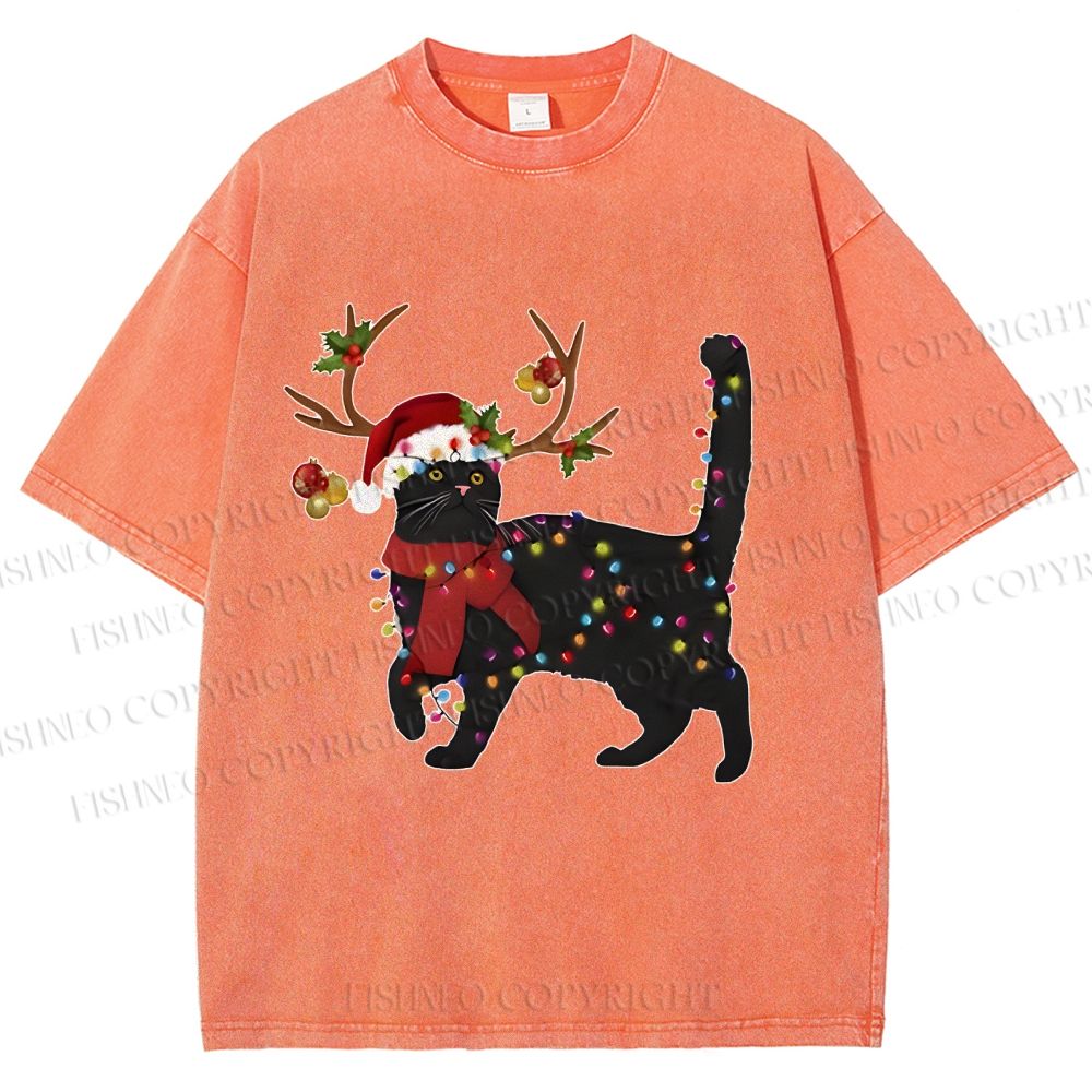 Unisex Black Cat Christmas String lights Printed Washed Tee