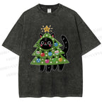 Unisex Black Cat Christmas Tree Printed Washed Tee