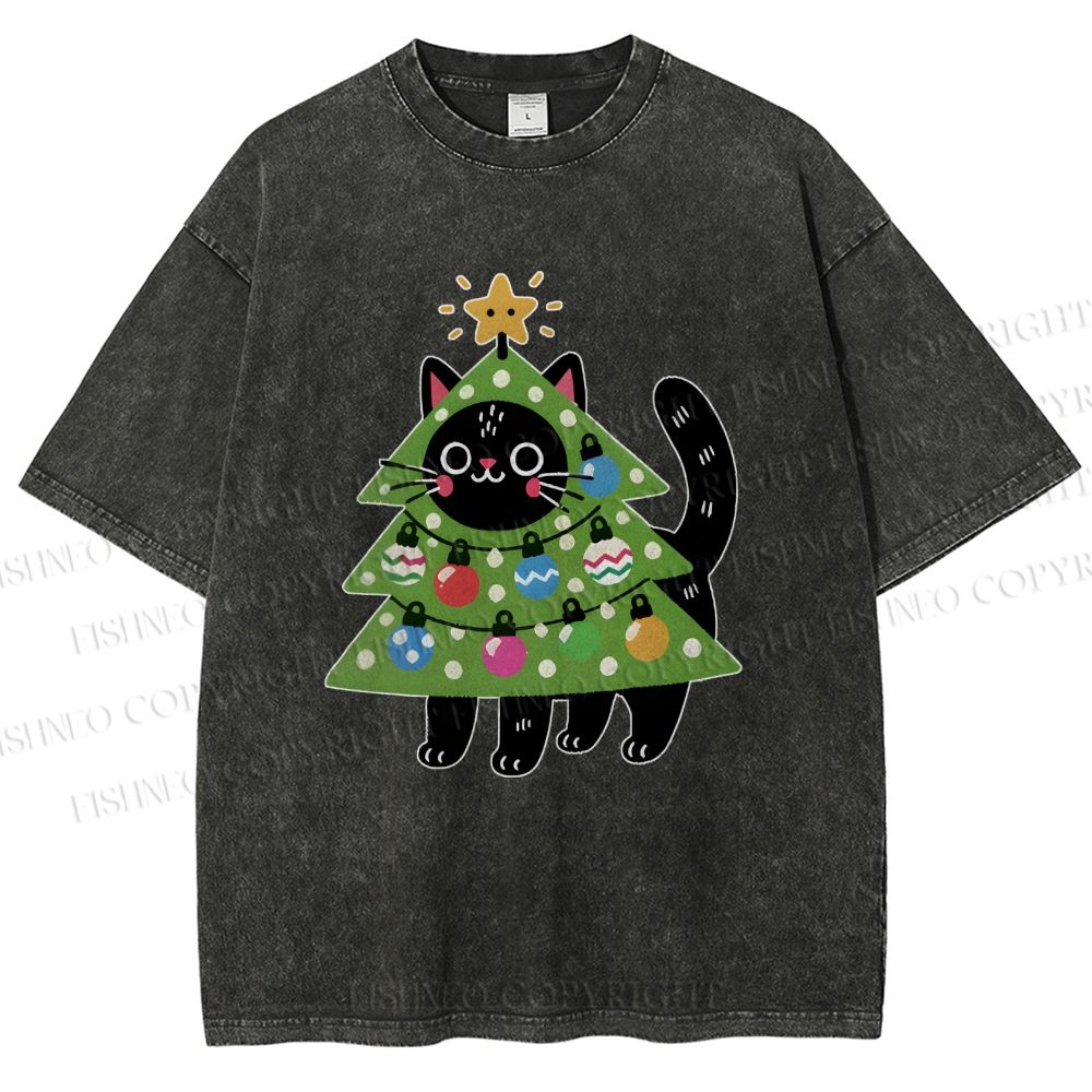 Unisex Black Cat Christmas Tree Printed Washed Tee