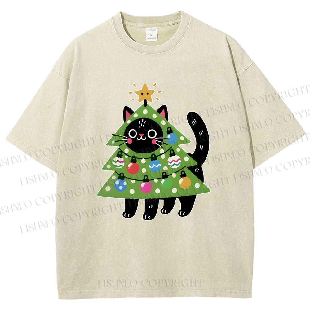 Unisex Black Cat Christmas Tree Printed Washed Tee