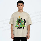 Unisex Black Cat Christmas Tree Printed Washed Tee