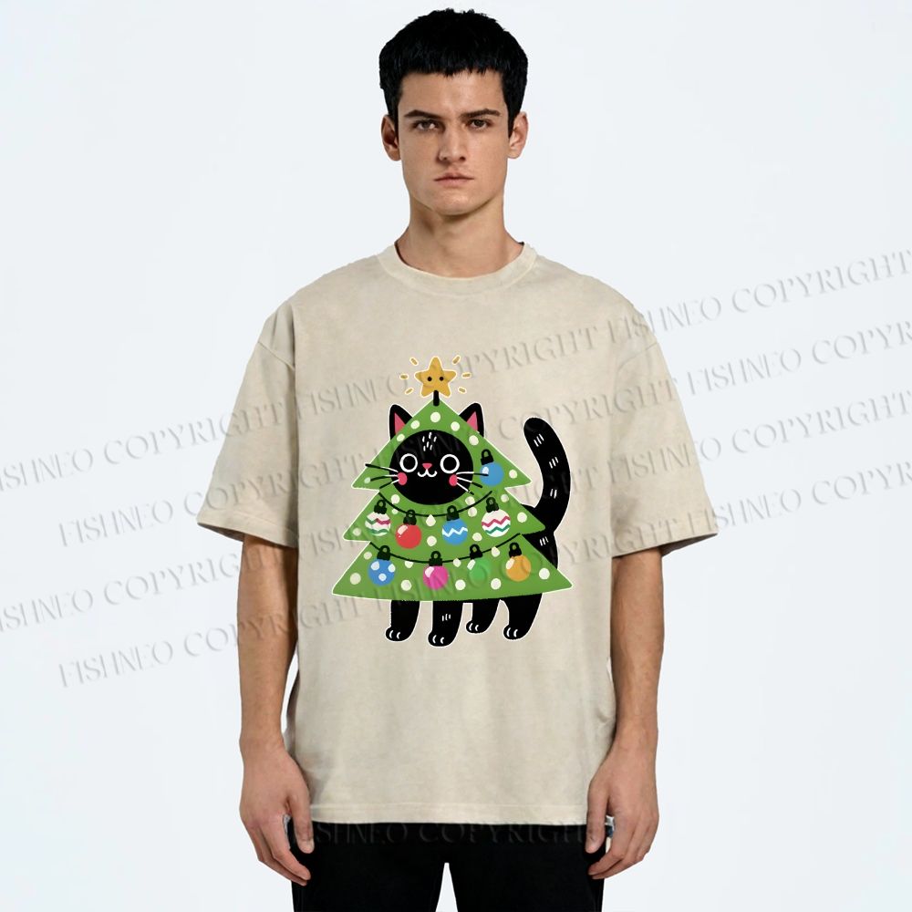 Unisex Black Cat Christmas Tree Printed Washed Tee