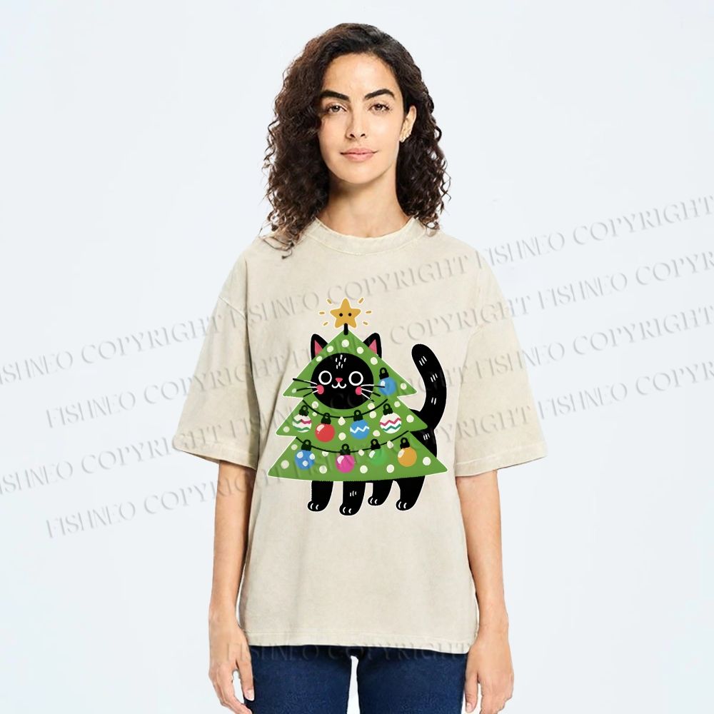 Unisex Black Cat Christmas Tree Printed Washed Tee