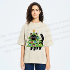 Unisex Black Cat Christmas Tree Printed Washed Tee