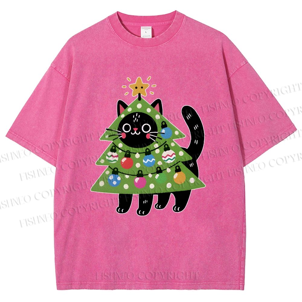 Unisex Black Cat Christmas Tree Printed Washed Tee