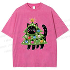 Unisex Black Cat Christmas Tree Printed Washed Tee