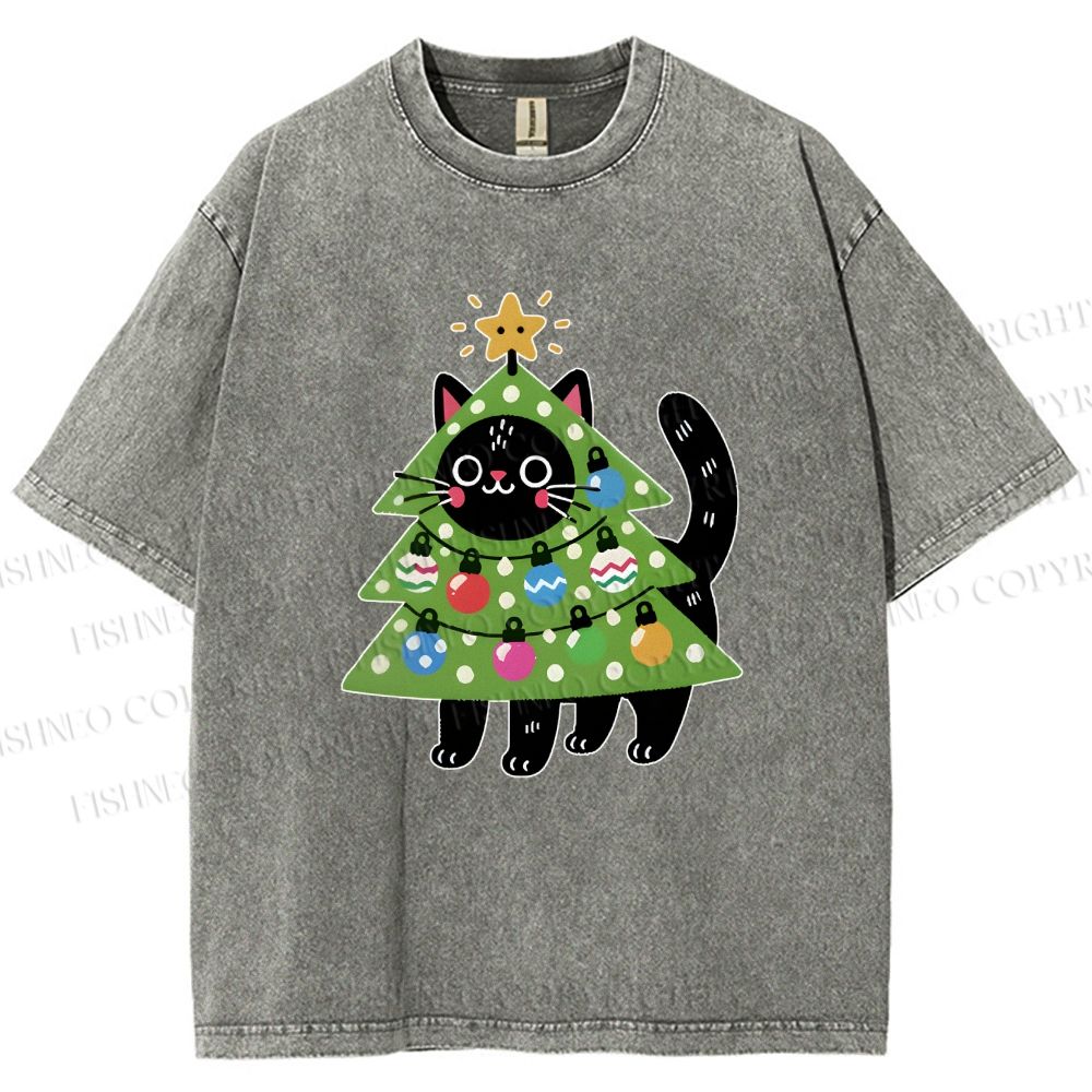 Unisex Black Cat Christmas Tree Printed Washed Tee