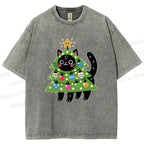 Unisex Black Cat Christmas Tree Printed Washed Tee