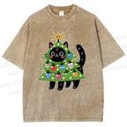 Unisex Black Cat Christmas Tree Printed Washed Tee