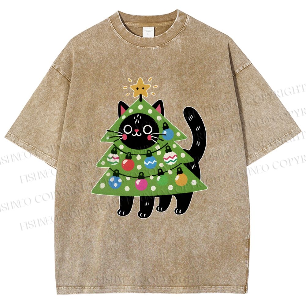Unisex Black Cat Christmas Tree Printed Washed Tee