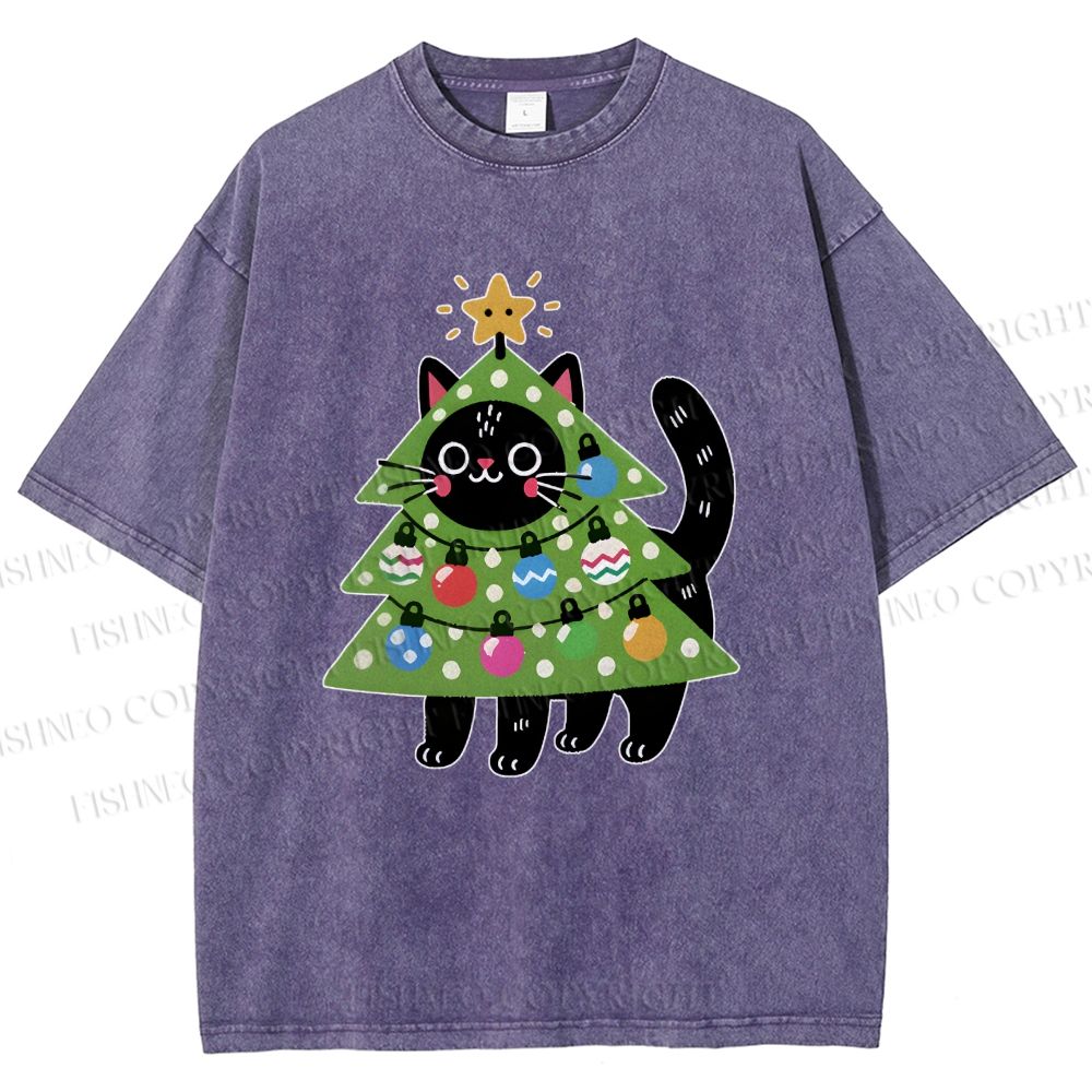 Unisex Black Cat Christmas Tree Printed Washed Tee