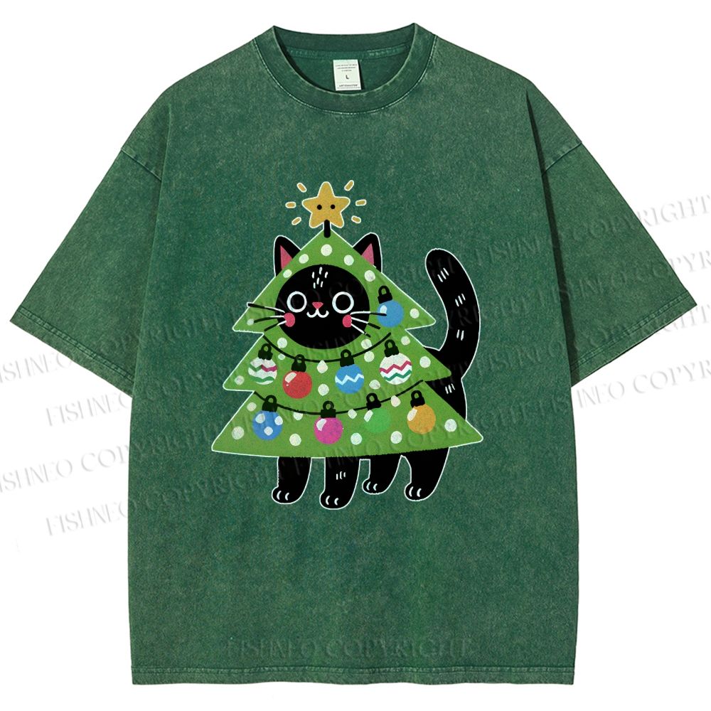 Unisex Black Cat Christmas Tree Printed Washed Tee