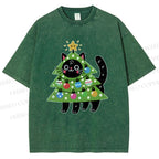 Unisex Black Cat Christmas Tree Printed Washed Tee