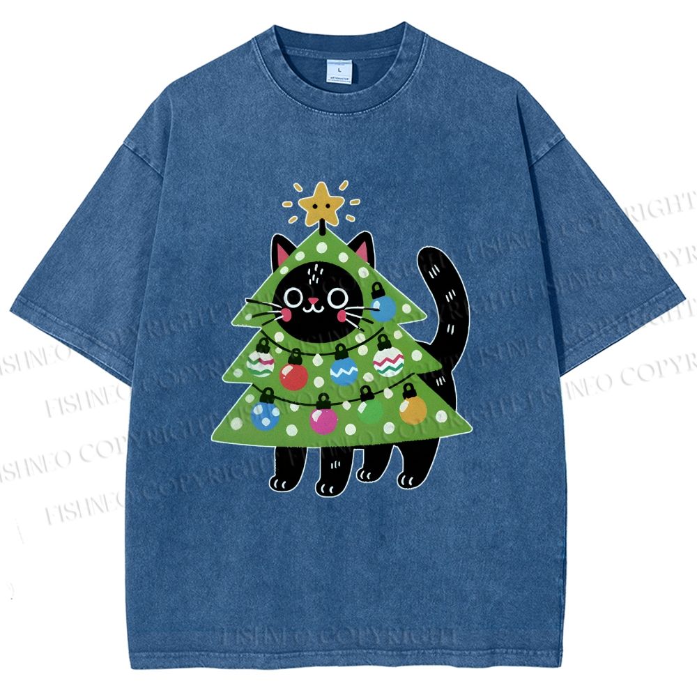 Unisex Black Cat Christmas Tree Printed Washed Tee
