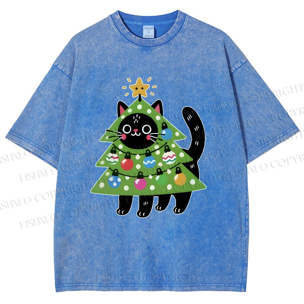 Unisex Black Cat Christmas Tree Printed Washed Tee
