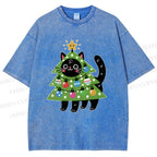 Unisex Black Cat Christmas Tree Printed Washed Tee