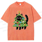 Unisex Black Cat Christmas Tree Printed Washed Tee