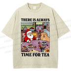 Unisex Tea Time Santa Claus And Dog Printed Washed Tee