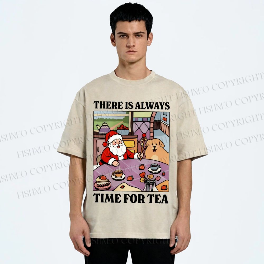 Unisex Tea Time Santa Claus And Dog Printed Washed Tee